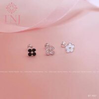 Bông tai nữ bạc ý hoa bốn cánh đính đá đen và đá trắng, chốt ren vặn, đeo hàng ngày - BT 1107