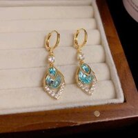 Bông Tai Thả Cao Cấp Đính Đá Xanh Lam Màu Biển Cả, Hoa Tai Mạ Vàng 18K khuyên tai khuyên tai đôi khuyên