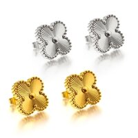 Bông tai titan cỏ bốn lá van clep chạm móc máy hoa 4 cánh