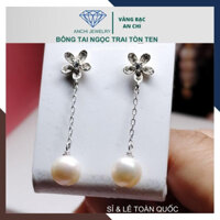 Bông tai tòn ten dáng dài đính hạt trai tròn 7ly hiếm vết sinh trưởng, chuẩn bạc 925 - Anchi jewelry