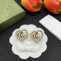 Bông tai trái tim ngọc trai đôi G Brand, Trang sức cổ điển bằng đồng mạ điện vàng 18K dành cho nữ, Phụ kiện cổ điển nghệ thuật mùa hè 2024 (Không gây dị ứng, Bán buôn số lượng lớn)