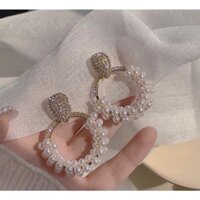 bông tai tròn phối kiểu đính đá- trang sức hàn quốc