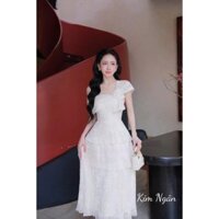 BỐNG - Váy thiết kế ren trễ vai đính hoa chân dập ly phối tầng dáng dài
