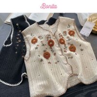 Bonita. Áo gile len nữ thêu hoa buộc nơ thiết kế dệt kim cao cấp