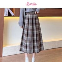 Bonita. Chân váy midi dáng dài xòe họa tiết kẻ sọc phong cách preppy cho nữ chất liệu dày dặn cao cấp
