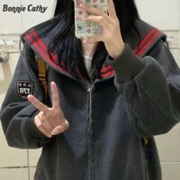 Bonnie Cathy Áo khoác dây kéo phong cách đại học ngọt ngào Áo khoác len cổ thủy thủ nữ