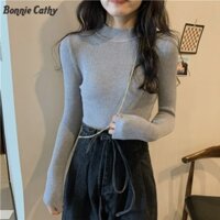 Bonnie Cathy Áo len dệt kim cổ cao nữ Slim-Fit Áo sơ mi đáy dài tay