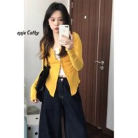 Bonnie Cathy Áo len dệt kim nữ phong cách Hàn Quốc áo len màu vàng áo len dệt kim cardigan đáy áo sơ mi mỏng vừa vặn thon gọn