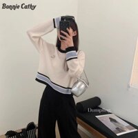 Bonnie Cathy Áo len dệt kim dài tay thêu len nữ mỏng cổ tròn đáy thủy triều