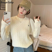 Bonnie Cathy Áo len nữ Áo thun dài tay thêu dáng rộng và mỏng thời trang mới