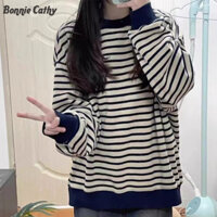 Bonnie Cathy Áo nỉ nữ thời trang mới phiên bản Hàn Quốc của áo hoodie không mũ trùm đầu sọc rộng đa năng