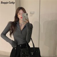 Bonnie Cathy Áo sơ mi đáy màu trơn có dây kéo Áo thun dài tay có ren dành cho nữ Slim Fit Giảm béo và ngắn Midriff-Baring Top