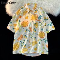 Bonnie Cathy Áo sơ mi nữ thiết kế giác quan Retro màu vàng chanh dành cho sinh viên Áo sơ mi ngắn tay in hình
