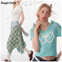 Bonnie Cathy Áo thun nữ phong cách Mỹ ba chiều bướm cổ chữ V raglan tay áo rỗng dệt kim ngắn tay