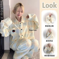 Bonnie Cathy Bộ đồ ngủ nữ màu vàng xanh kiểm tra chim cánh cụt đồ ngủ ve áo Hàn Quốc dài tay quần phù hợp với nhà