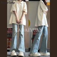 Bonnie Cathy Bộ đồ nữ áo sơ mi bánh quế và quần denim phong cách Hàn Quốc preppy dáng rộng giản dị