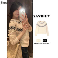 Bonnie Cathy Fairisland Retro Thổ Cẩm Áo Len Nữ Quần Áo Lười Bầu Không Khí Mặc