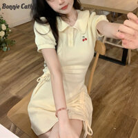 Bonnie Cathy Hoa Văn Anh Đào POLO Áo Đại Học Sữa Ngọt Nóng Cô Gái Dây Rút Xếp Ly Eo Nhỏ Tình Yêu Đầu Tiên Váy