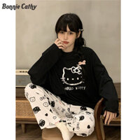 Bonnie Cathy Nữ Bạc Bút Chì Bộ Đồ Ngủ Hello Kitty Dài Tay Bộ Quần Áo Gia Đình