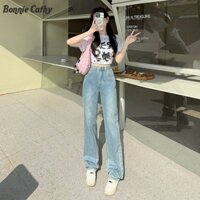 Bonnie Cathy Quần jean thẳng cạp cao dành cho nữ có khóa giặt và khóa kéo cổ điển
