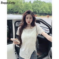 Bonnie Cathy Thiết Kế Rách Áo Thun Tay Ngắn Mùa Hè Nữ Slim Fit Không Đều Giảm Béo Vai Top