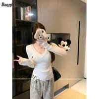 Bonnie Cathy Xoắn cổ chữ v đan đáy nữ ớt ngọt ngào cô gái bên trong áo len ngắn