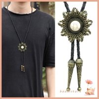 Boom Western Cowboy Bolo Tie Hình Mặt Trời Đá Trang Sức Cà Vạt Vòng Cổ Áo Dây Xích
