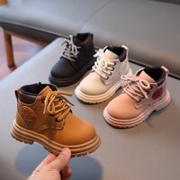 Boot da PU lì mềm siêu nhẹ có khóa kéo dây buộc êm chân cho bé - bốt bé trai giày cao cổ bé gái màu hồng BO333
