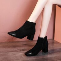 🌺Boot Nhung Cao Gót B57/ Mũi Giày Phối Da, Đế Vuông Cao 7cm | ĐẸP NHẤT | [SĂN HOT]