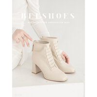 BOOT NỮ BEESHOES MŨI VUÔNG DA LÌ - GIÀY BỐT NỮ ĐẾ CAO 7 PHÂN SẴN MÀU KEM ĐEN 231331