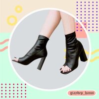 Boot nữ hở mũi chất da lì, Giày bốt nữ cao cổ chất da mềm đế vuông cao 7 phân có khóa kéo sau hot