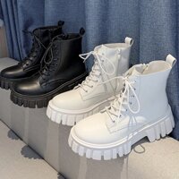 Boot ulzzang, Bốt cao cổ 10cmcm buộc dây kéo khóa đế cao 5.5cm màu đen/trắng cá tính đẹp mới xinh thời trang