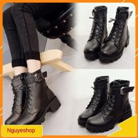 Boots cổ ngắn,Boots combat,Giày nữ, kéo khóa, cao gót, thắt dây, gót thô, đế dày, thời trang, cho mùa đông (sẵn hàng)