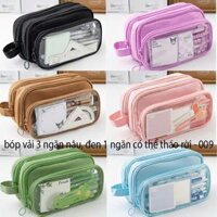 Bóp viết vải 3 ngăn cỏ thể tháo rời 1 ngăn quai xách 2 mặt trong suốt 009