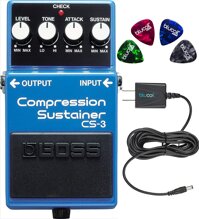 BOSS CS-3 Compressor Sustainer Pedal Bundle with Blucoil Power Supply Slim AC/DC Adapter for 9 Volt DC 670mA,and 4-Pack of Celluloid Guitar Picks
