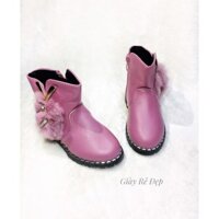 Bốt Bé Gái Cao Cổ Kiểu Cách Hàn Quốc Da Bóng Phối Lông Vũ Xinh Xắn | Boot Trẻ Em Cổ Cao Phong Cách Công Chúa | Giày Bốt