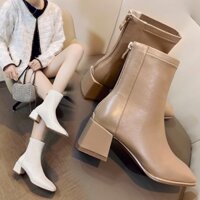 Bốt da nữ cao cổ hot trend 2021 khóa sau cao cấp-boot mũi vuông đế 6 phân