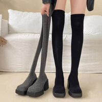 Bốt đùi len cho nữ mũi vuông ôm sát chân đế dày cao 8cm