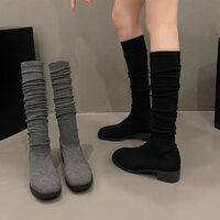 Bốt đùi len cho nữ ôm sát chân đế vuông cao 4cm