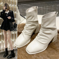 Bốt lông cao gót da bóng mềm cổ nhún lót lông cao cấp