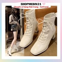Bốt Lửng Nữ Boot Dây Buộc Cổ Cao Bốt Da Bóng Gót Vuông Nhiều Dây Buộc Trước Có Khóa Kéo Sau (Sẵn Hàng