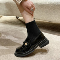 Bốt Martin đế dày dễ phối thời trang 2024 Bốt ngắn dệt kim hoa trà Anh cho nữ Bốt tất co giãn Bốt gầy Gót Thô