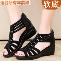 Bốt một lớp da thật Bốt ngắn cho nữ dép miệng cá Dép Gót Vuông Dép gót giữa giày nữ trung niên lưới giày cho mẹ bốt rỗng