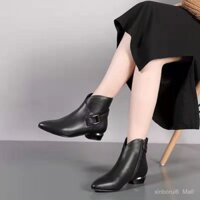 Bốt ngắn mẹ da mềm thật giày đơn nữ mũi nhọn cao cấp kiểu Tây mới Giày Da Gót Thô