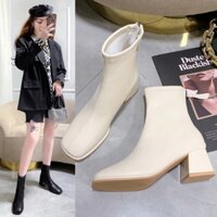 Bốt nữ cao cổ gót vuông 5p  giày boot nữ da mềm lót lông ôm chân khóa kéo sau cao cấp, Sara M18