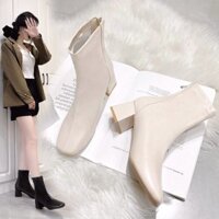 Bốt nữ cổ lửng chất da mềm ôm chân, Giày Boot Nữ Công Sở Gót Vuông Khóa Sau dế 5p Da Sần và Da Lì