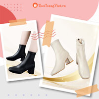 Bốt nữ cổ lửng ôm chân chất da mềm, Giày bốt nữ cao cổ đế cao 5p mũi vuông cho cô nàng sang chảnh
