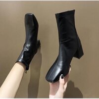 Bốt nữ gót vuông da xịn dọc giữa khoá sau Cao Cấp, giày boots nữ cổ lửng da mềm thời trang 🤴🏻