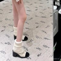Bốt tất cao gót dệt kim khâu da bò 24 mẫu mới thu đông, bốt mỏng co giãn da, bốt Ống giữa Gót Thô
