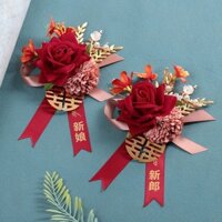 Boutonniere cưới hoa hồng cao cấp cho chú rể, cô dâu, phù rể, phù dâu, bộ đầy đủ hoa cưới, trâm cài tay gia đình